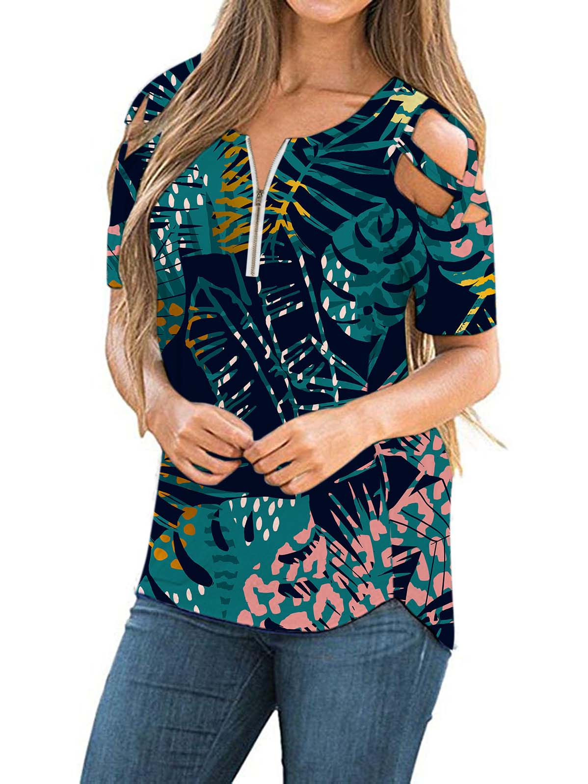 Women's Scoop Neck Short Sleeves Printed Tops