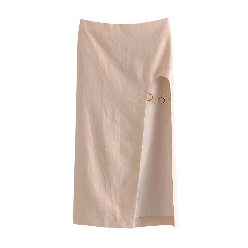 TRAF Women Chic Fashion Metal Appliques Front Slit Linen Midi Skirt Vintage High Waist Back Zipper Female Skirts Mujer