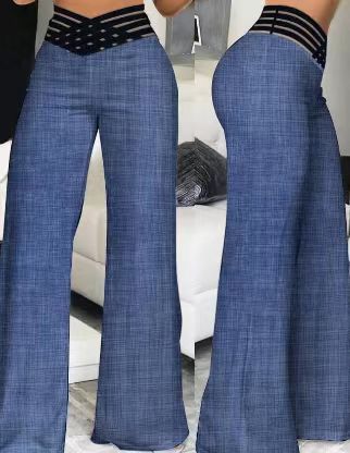 2025 Women High Waist Flared Pants Sheer Mesh Crisscross Y2K Office Casual Streetwear Trousers