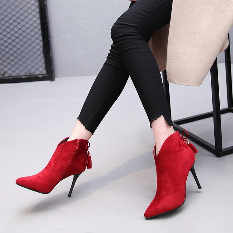 Fashion Suede Red Ankle Booties with Stiletto Heels Vdcoo