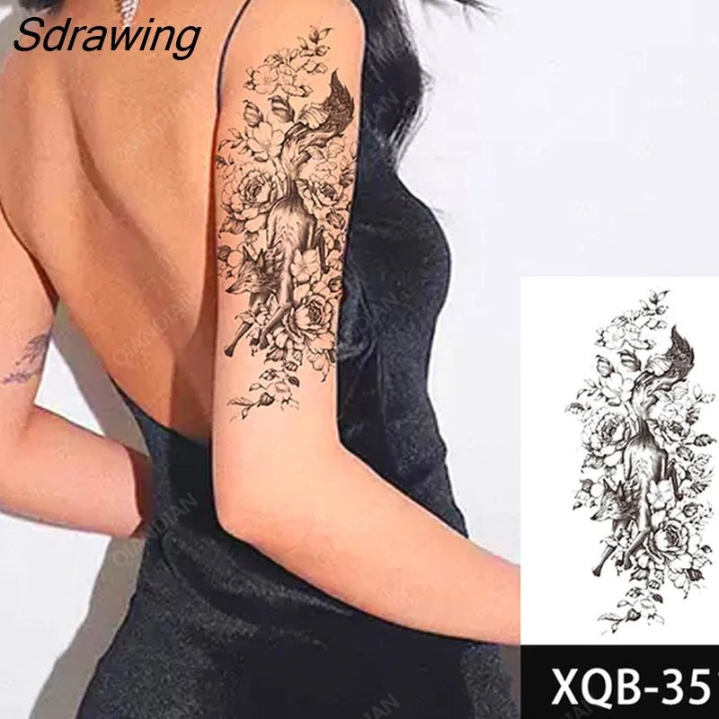 Sdrawing Wolf Flower Rose Bouquet Camellia Women Lady Waterproof Temporary Tattoos Fake Stickers Arm Forearm Cool Art Sexy Black