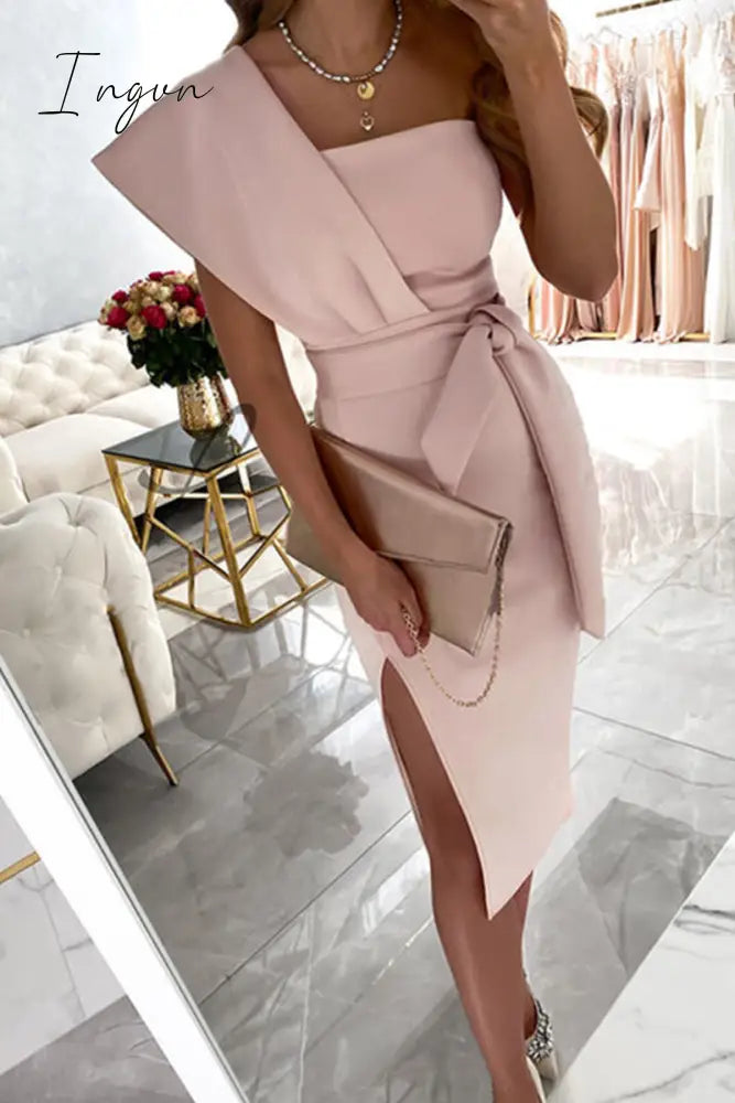 Ingvn - Casual Print Split Joint One Shoulder Pencil Skirt Dresses(4 Colors) Pink / S Dresses/Party