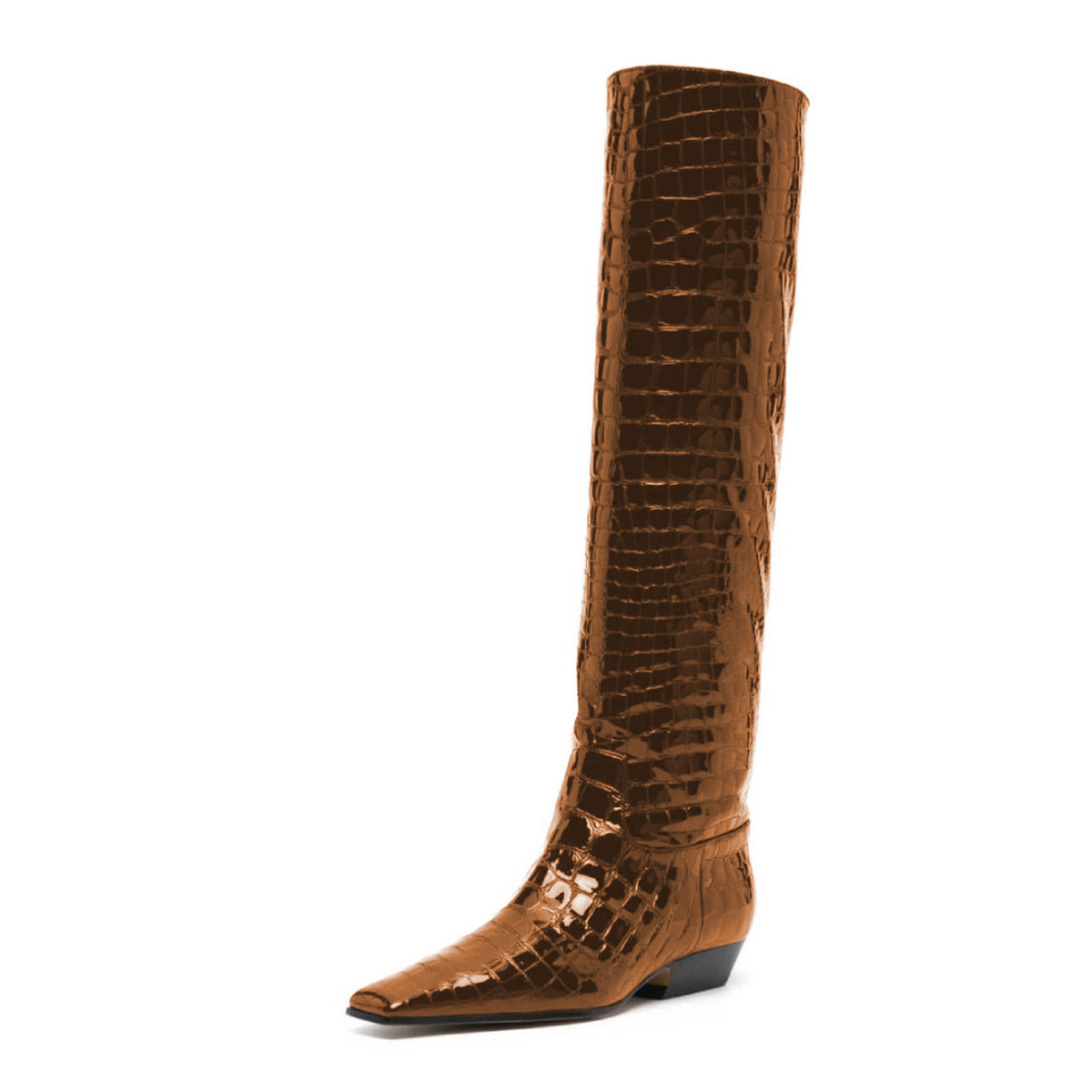 Brown Crocodile Embossed Square Toe Chunky Heel Knee High Boots Nicepairs
