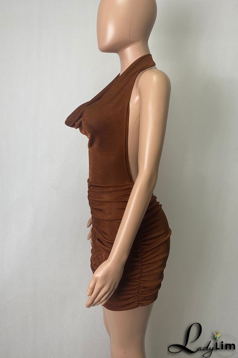 Deep Blue Fashion Sexy Solid Backless Fold Halter Sleeveless Dress