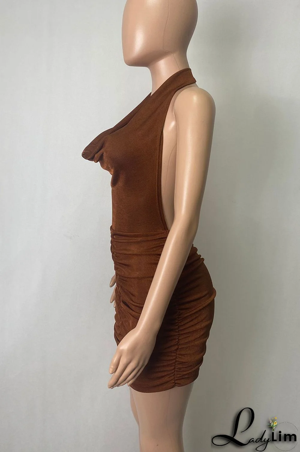 Deep Blue Fashion Sexy Solid Backless Fold Halter Sleeveless Dress