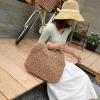 Ladies square wooden handle large capacity straw woven handbag