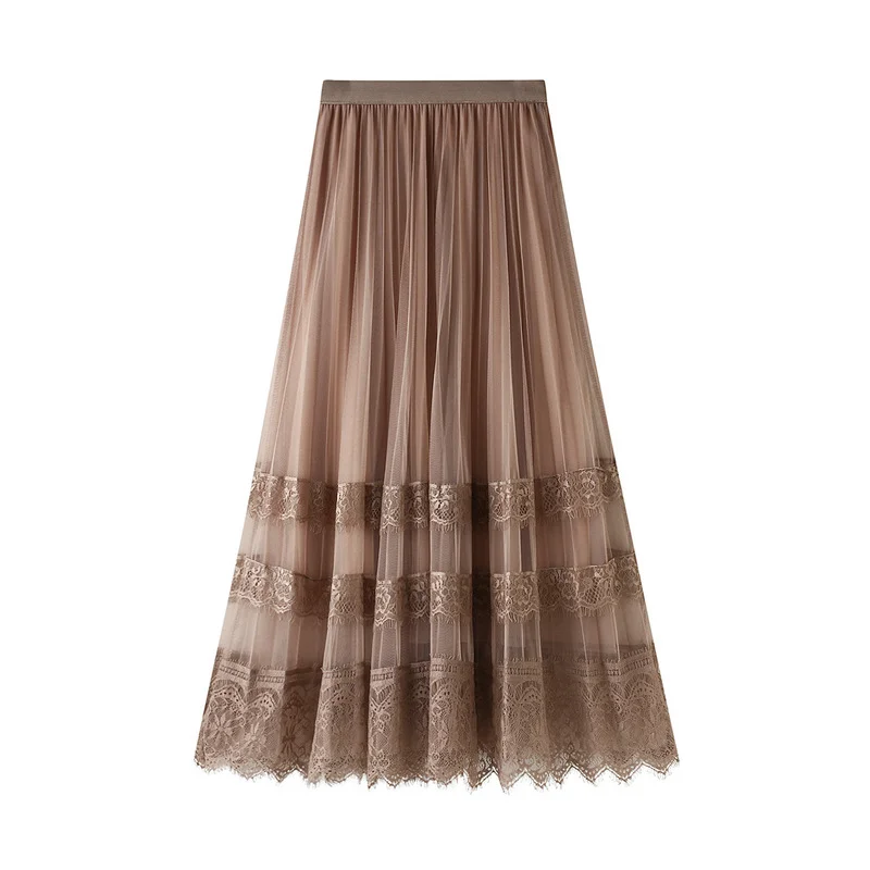 Nigikala Nigikala Skirt 2025 Spring Korean Version Of The New High-Waisted Lace Splicing Mesh Dress Female Hundred Folded Skirt A-Word Long Dress 8585