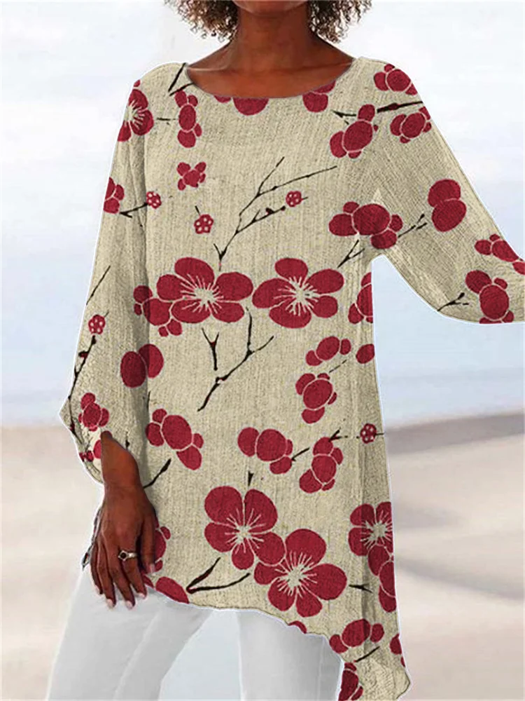 Cherry Blossom Japanese Lino Art Asymmetric Flowy Tunic