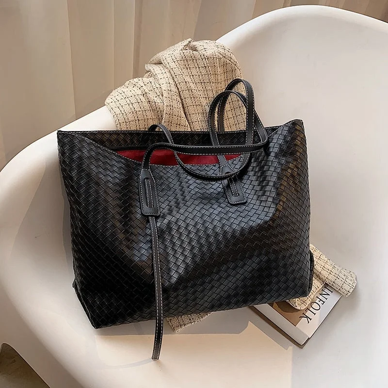 Designer Weave PU Leather Shoulder Bags for Women 2021 High Capacity Big Handbags Travel Luxury Large Shopper Shopping Purses