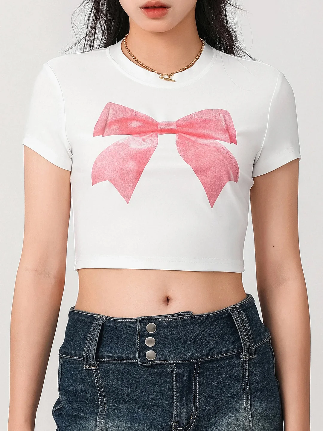 Oocharger Summer Sweet Bow Print T-Shirts Chic Fashion Short Sleeve Round Neck Crop Tops Women's Casual Basic Tees Streetwear