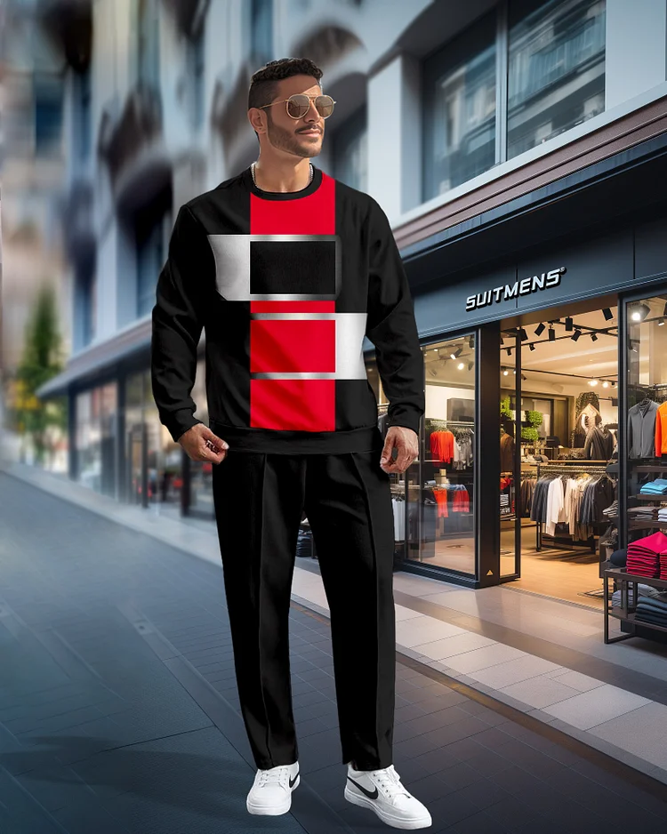 Men's Simple Colorblock Round Neck Casual Sports Set 0162