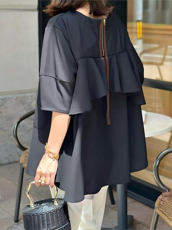 Ruffled Back Colorblock Zipper Closure Loose Short Sleeve Blouse