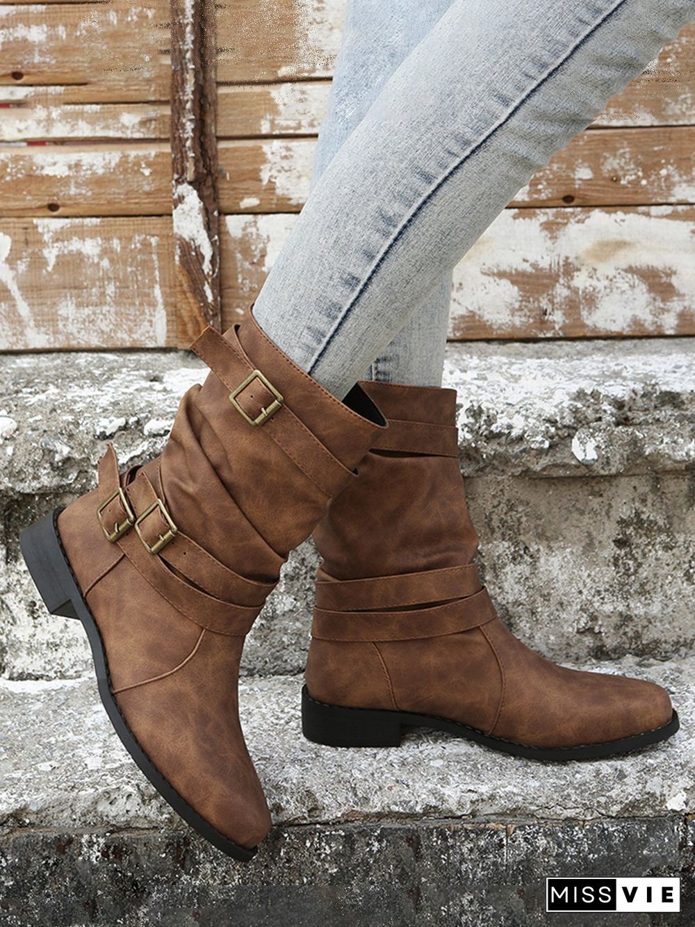 Ruched Buckle Casual Leather Booties