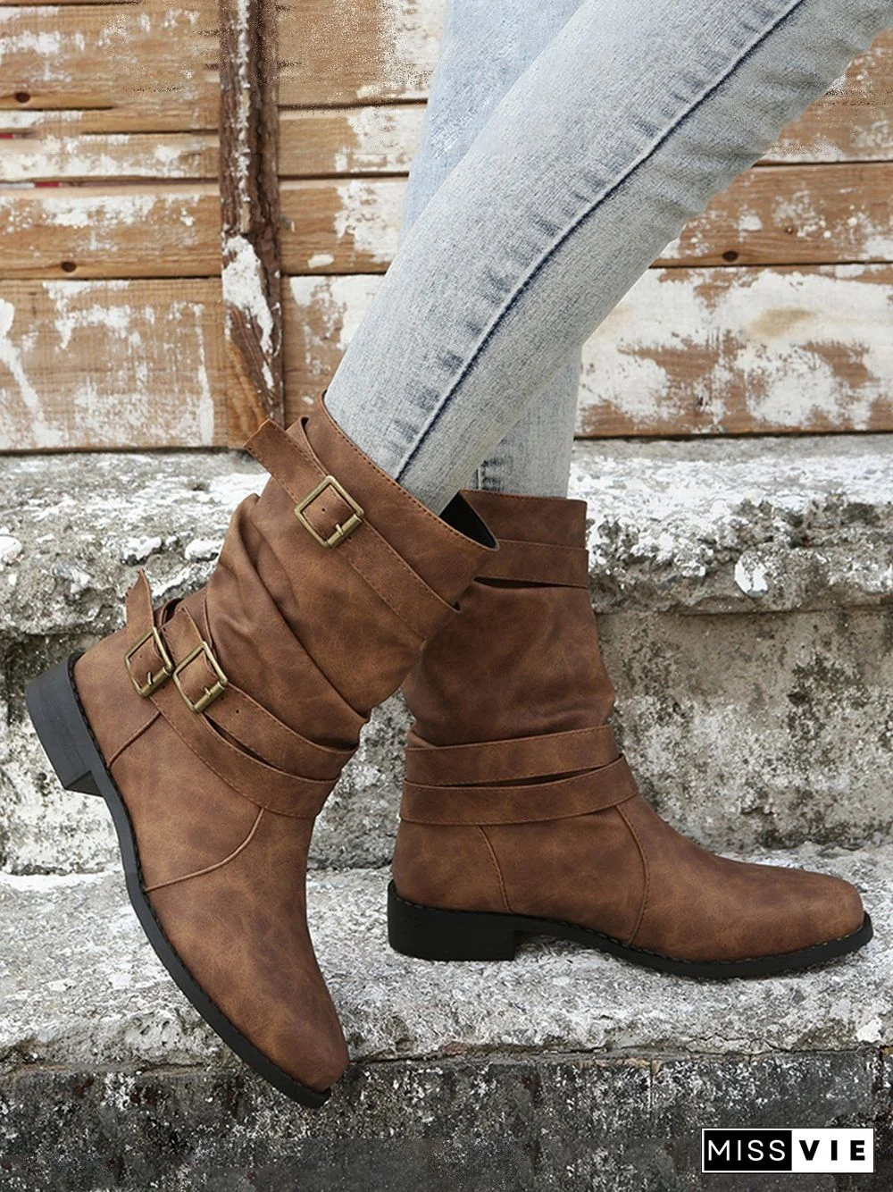 Ruched Buckle Casual Leather Booties