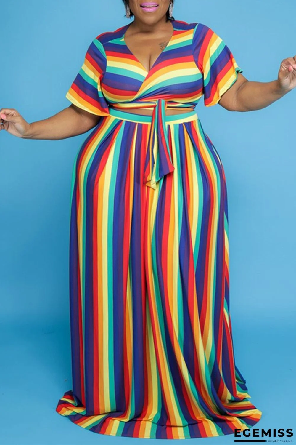 Colour Fashion Casual Striped Print Basic V Neck Plus Size Two Pieces | EGEMISS