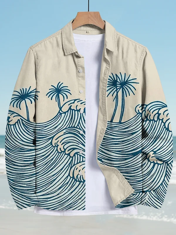 Men's Sea Waves Island Scenery Palm Trees Print Long Sleeve Shirt