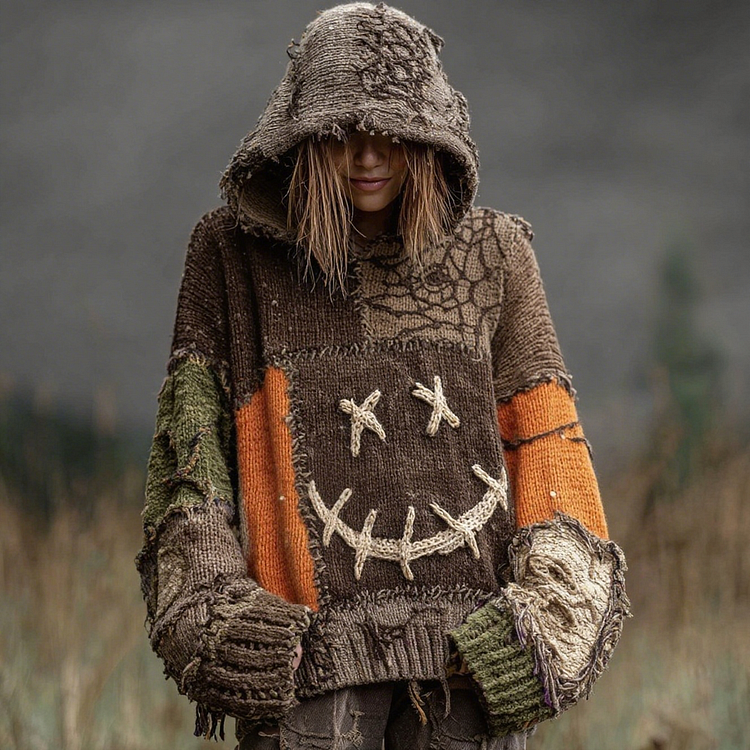 Halloween Spooky Face And Spider Web Patchwork Design Cozy Knit Hooded