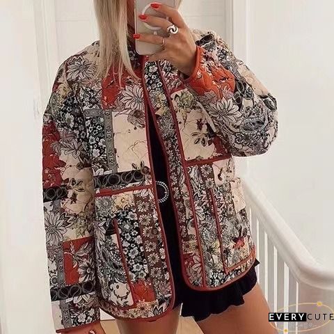 Sweet Print Floral Patchwork U Neck Outerwear