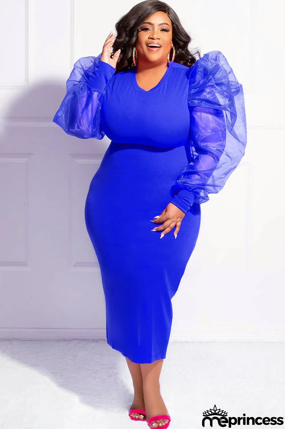 Solid Yarn Sleeves V-Neck Plus Size Long Dress