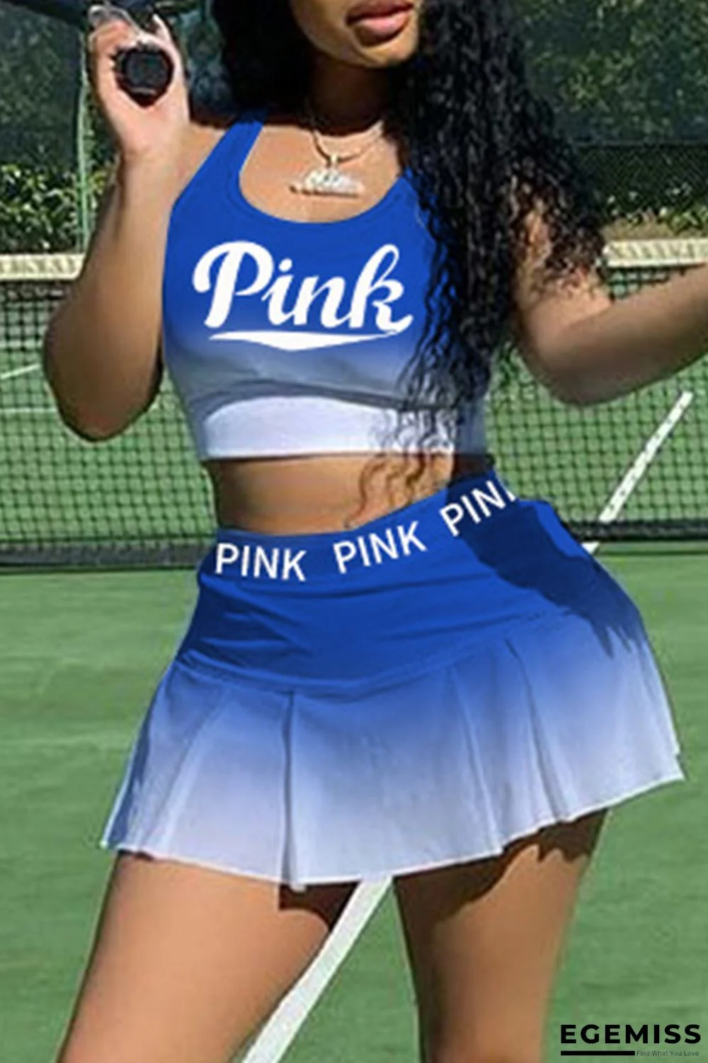 Blue Casual Sportswear Gradual Change Letter Print Vests U Neck Sleeveless Two Pieces | EGEMISS