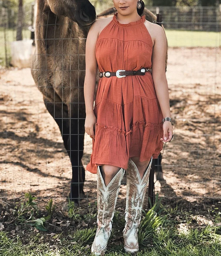 Women's Vintage Western Halter Neck Mini Dress-Rust