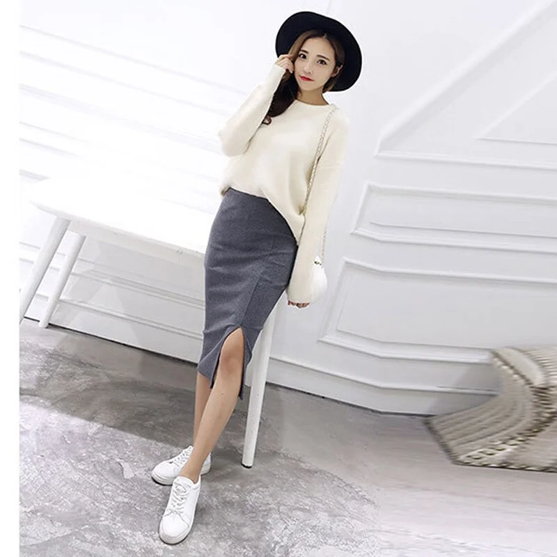 Skirts Women fashion Chic Pencil Skirts Wool Rib Knit Long Skirt Package Hip Split Waist Midi Skir Maxi Faldas Mujer Moda 203