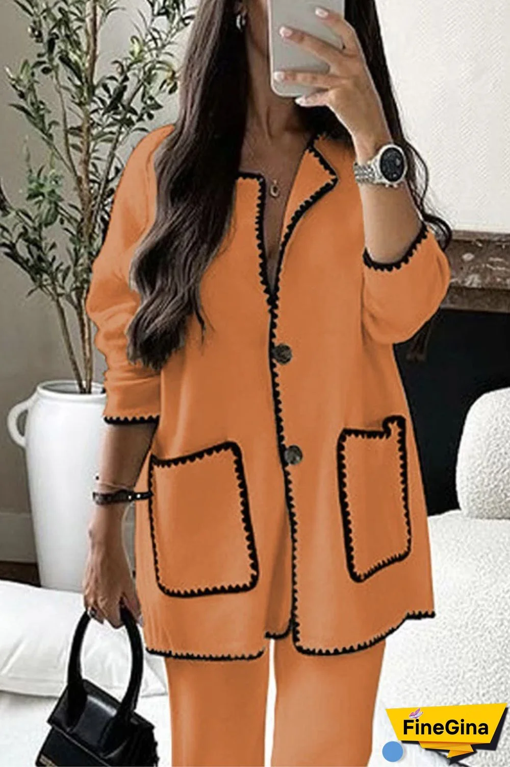 Casual Solid Pocket O Neck Long Sleeve Two Pieces