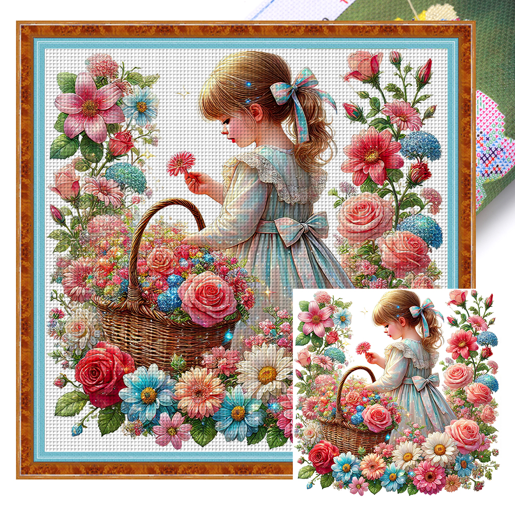 Girl In The Flowers Full 11CT Pre-stamped Canvas(50*50cm) Cross Stitch
