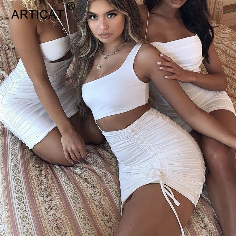 Articat One Shoulder Hollow Out Sexy Summer Dress Women Fold Drawstring Bandage Bodycon Dress Fashion Ruched Mini Party Dresses