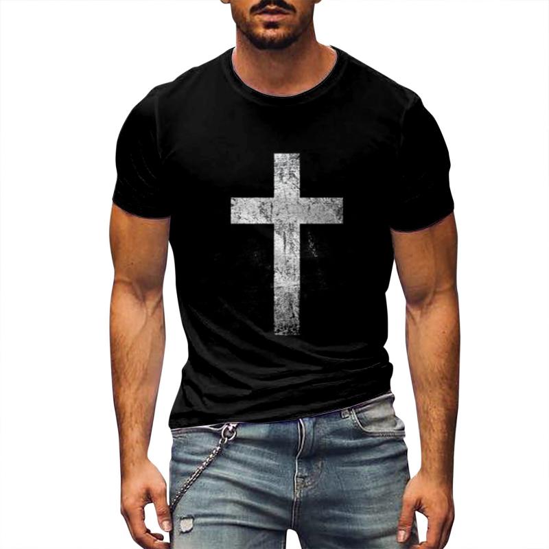 Men's Street Style Cross Print Round Neck Short Sleeve T-shirt 58442322Z