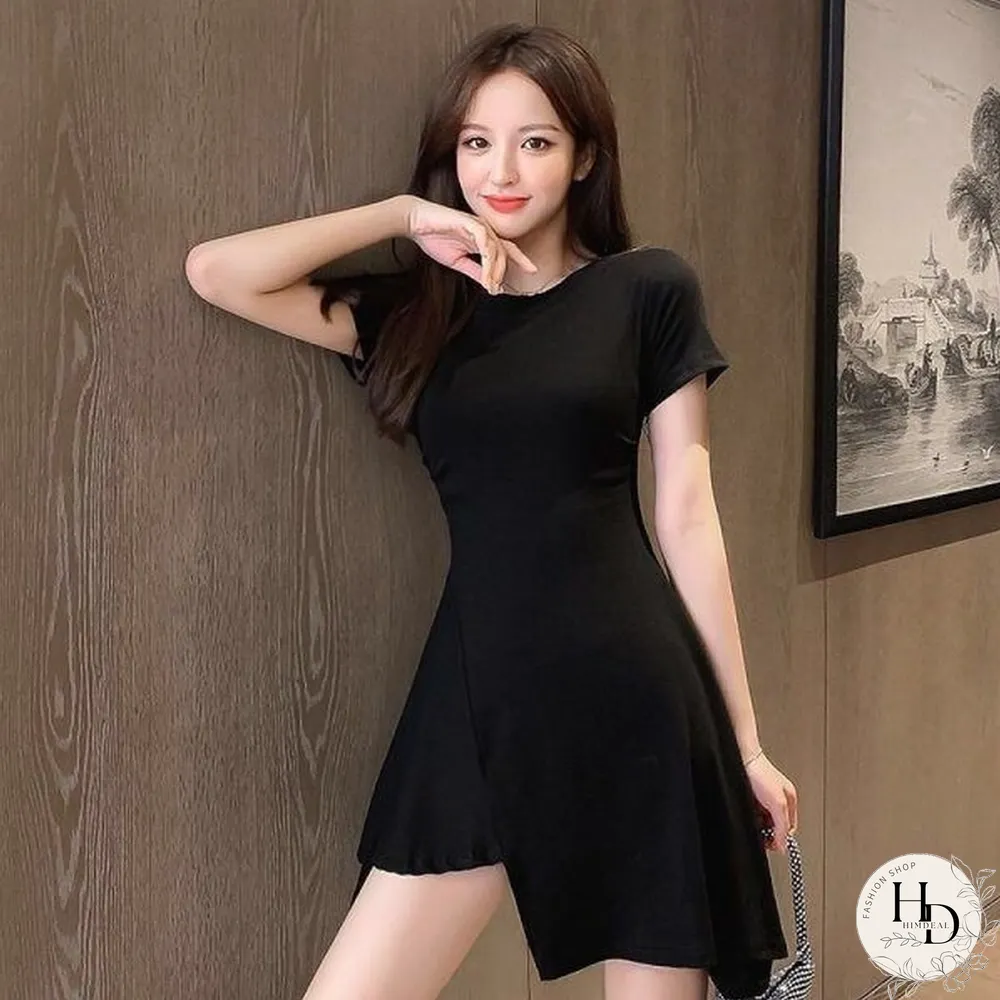 Women Dress Short Sleeves Classic Stylish Ulzzang Mini Asymmetrical Tunic Black Elegant Femme Sweet Cool Girls Leisure Chic Ins