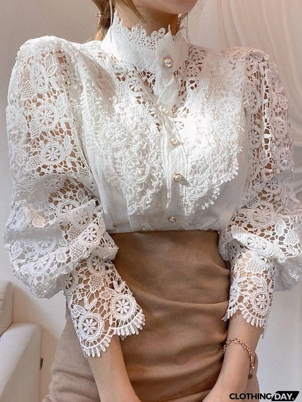 Women's Lace Shirt Shirt Going Out Tops Blouse Plain Party Club Black White Apricot Lace up Long Sleeve Elegant Vintage Fashion Standing Collar Spring Fall
