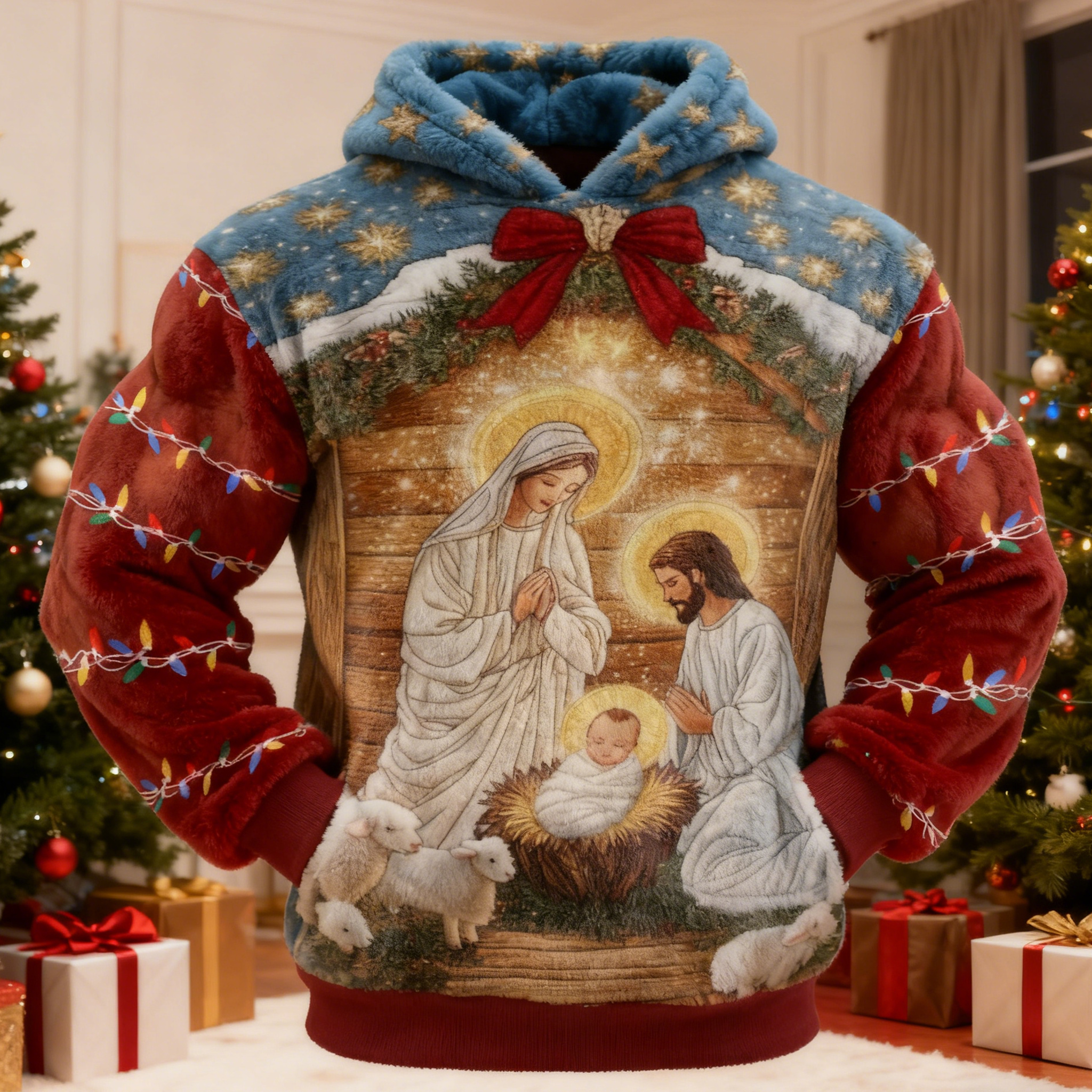 Men's Retro Christmas Nativity Pattern Flannel Hoodie elevenforest