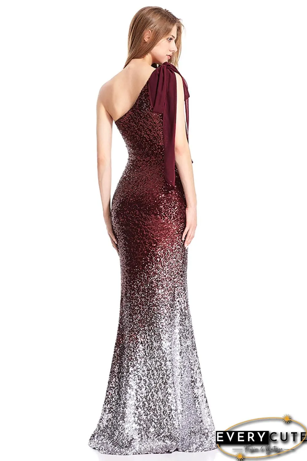 Red Gradient One Shoulder Sequin Party Evening Dress