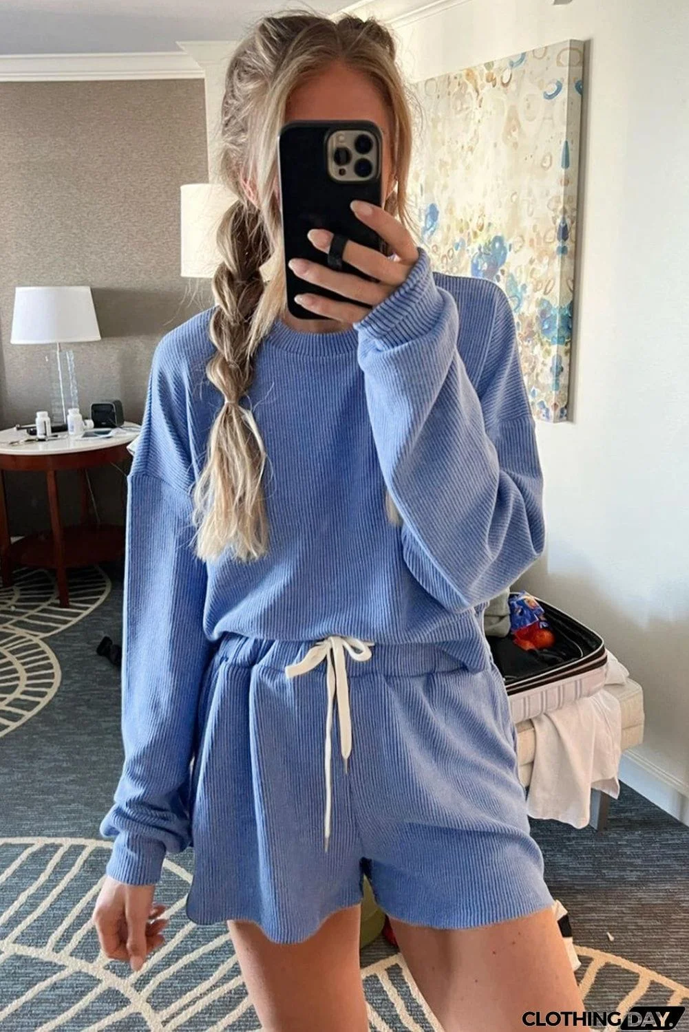 Ribbed Texture Pullover and Drawstring Shorts Lounge Set