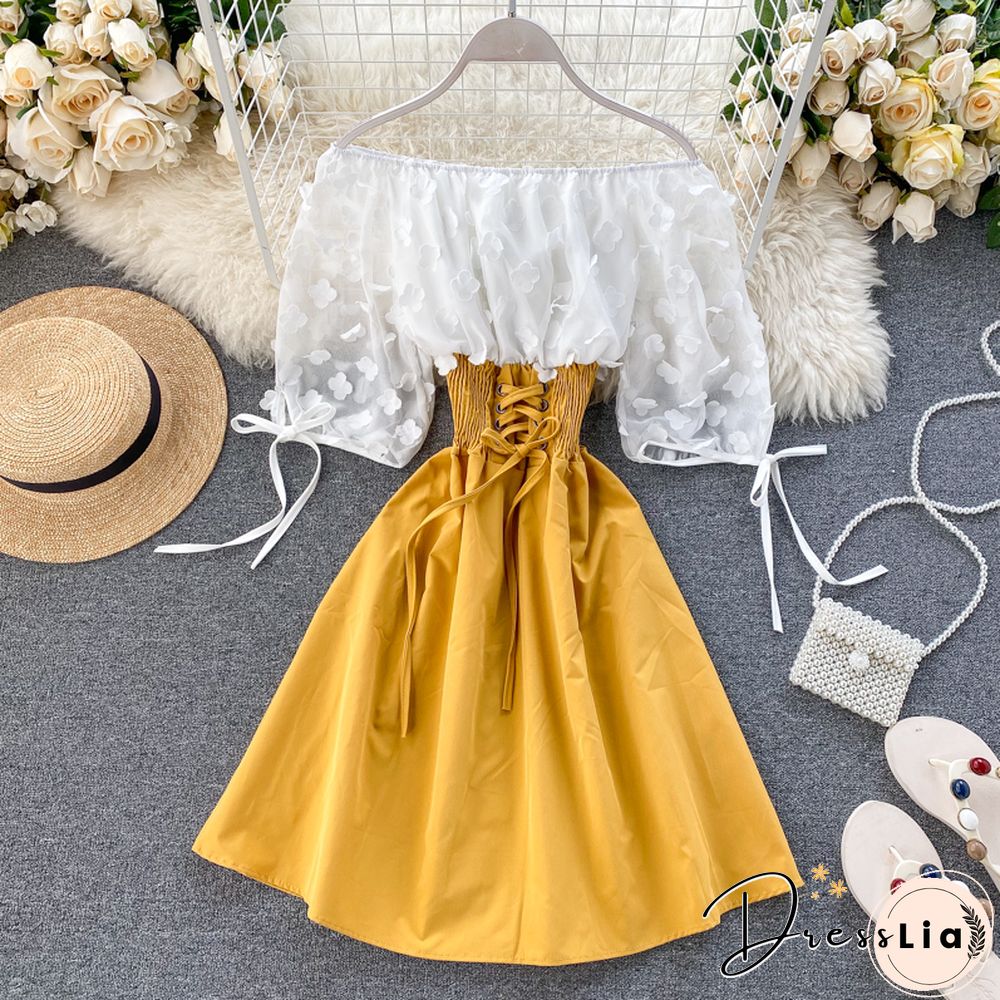 Sexy Off Shoulder Patchwork Summer Short Dress Party Flower Chiffon Slim Waist Lace Up Women Casual A-Line Beach Dress