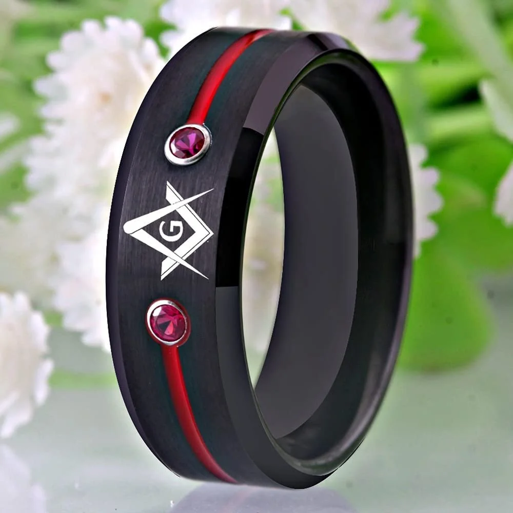 6MM 8MM 10MM Masonic Compass Tungsten Carbide With Gold Red Groove And Blue Cubic Zirconia Inlay Men's Wedding Bands