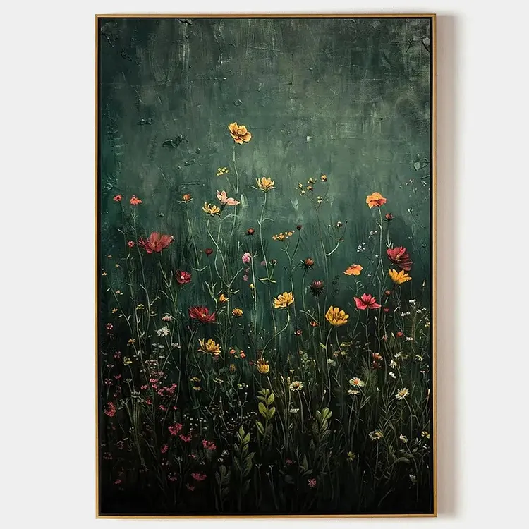MEADOW'S EMBRACE: Moody Floral Botanical Painting, Vertical Wall Art（Canvas painting）
