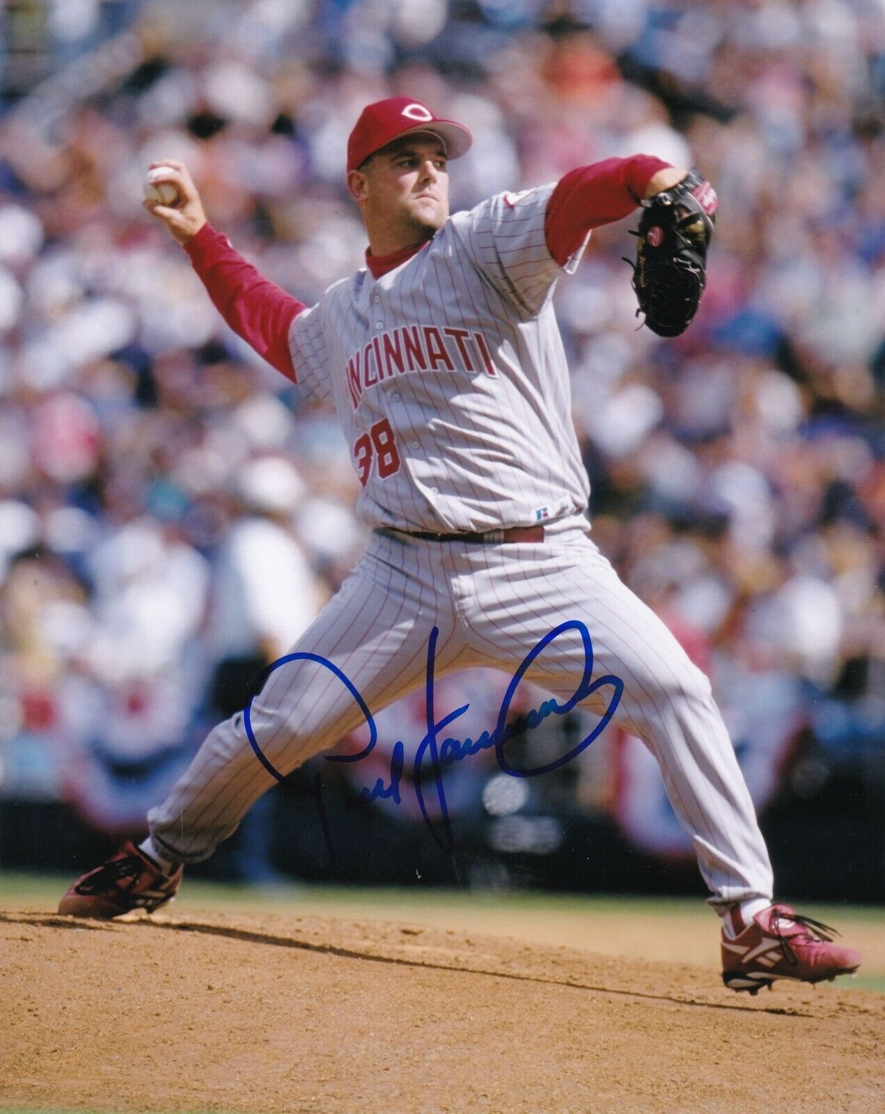 PETE HARNISCH CINCINNATI REDS ACTION SIGNED 8x10