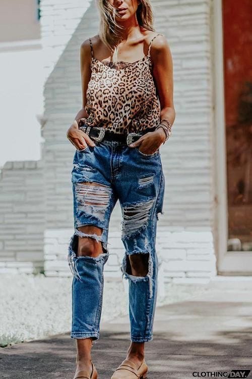 Crazy Hole High Waist Loose Jeans