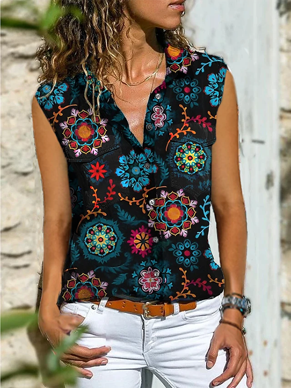 Sleeveless Cotton-Blend Printed Casual Shirts & Tops