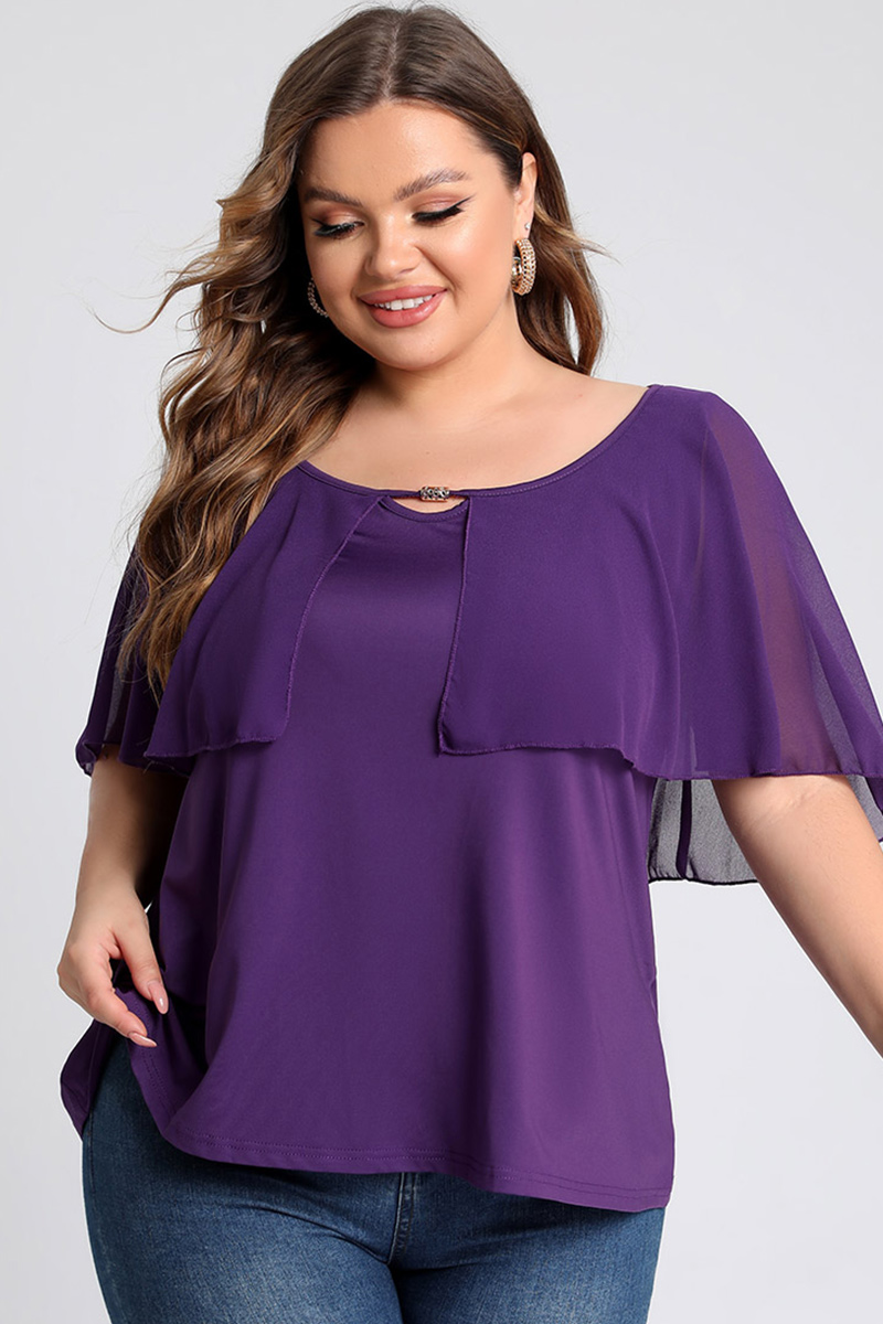 Plus Size Cape Sleeve Keyhole Solid Casual Blouses