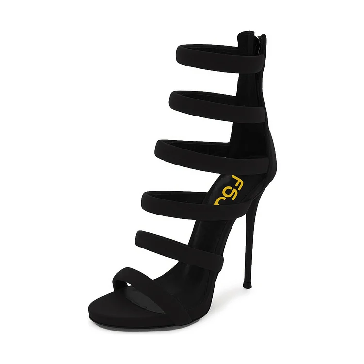 Women's Black Vegan Suede Open Toe Stiletto Heels Gladiator Sandals |FSJ Shoes