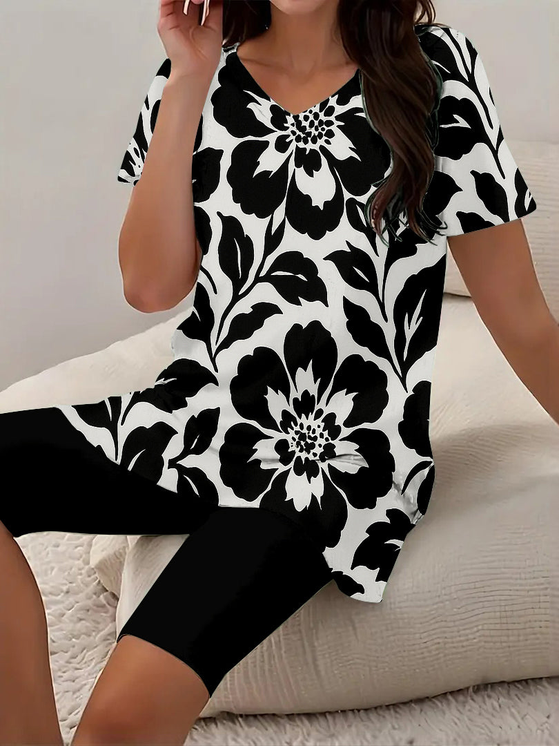 Women Long Sleeve V-neck Graphic Floral Printed Top