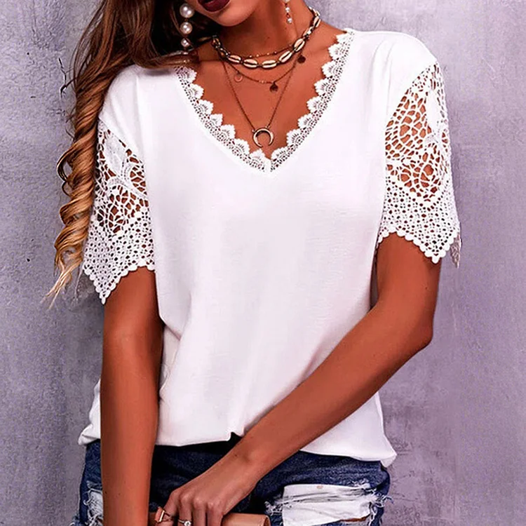 Casual V Neck Asymmetrical Guipure Lace Short Sleeve Blouse