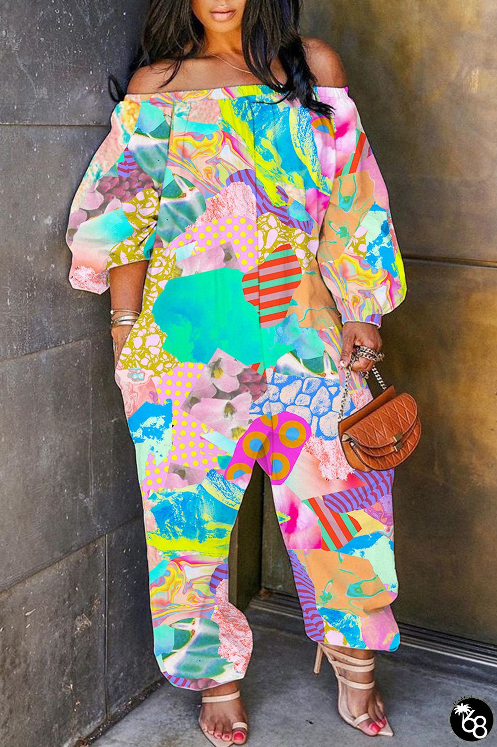 Pink Casual Print Patchwork Off the Shoulder Regular Jumpsuits | 168DEAL
