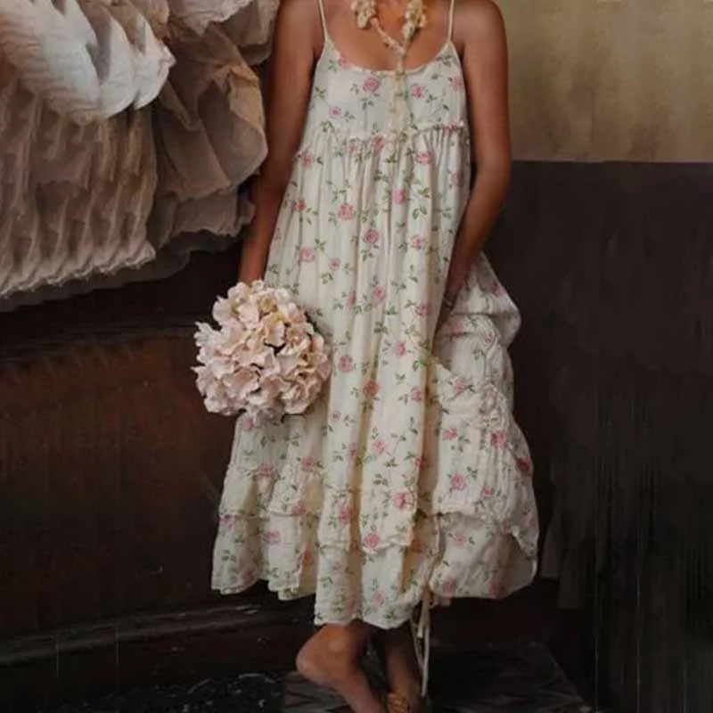 Vintage Floral Printed Sleeveless Loose Maxi Dress
