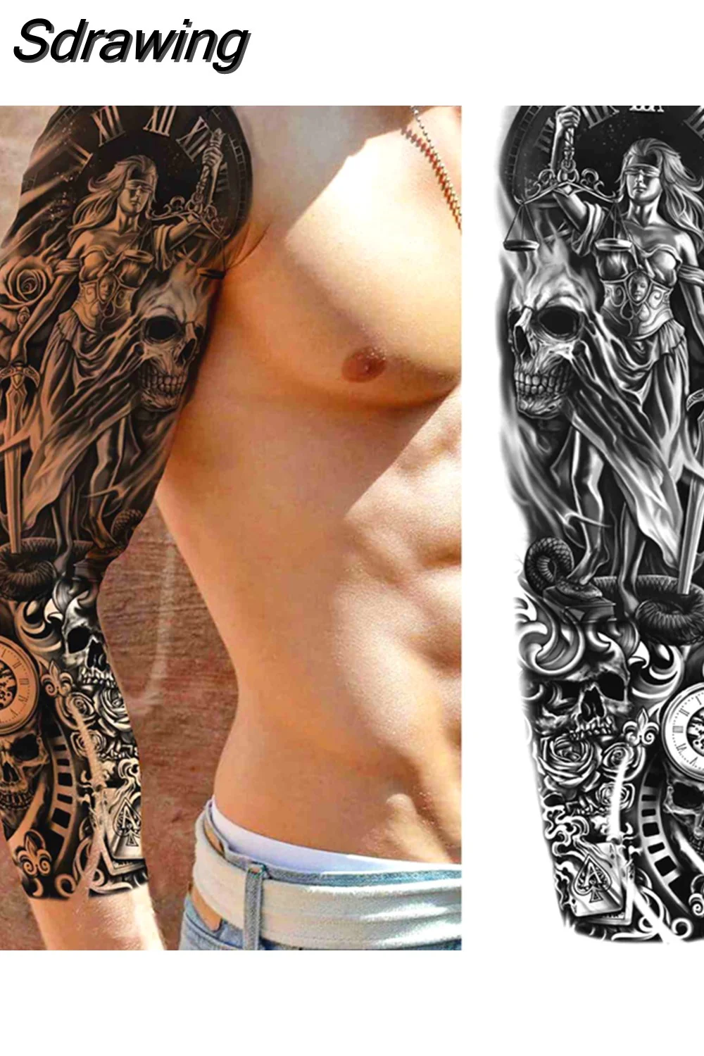 Sdrawing Arm Temporary Tattoos Sleeve For Men Women Realistic Fake Tatoos Warrior Lion Tiger Flower Tatoo Sticker Black Totem Maori 507-1