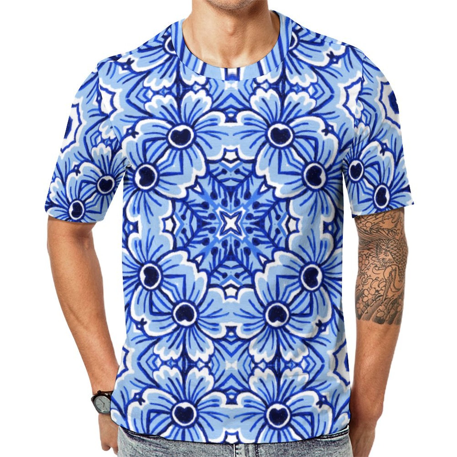 Elegant Antique Dutch Delft Blue Floral Short Sleeve Print Unisex Tshirt Summer Casual Tees for Men and Women Coolcoshirts