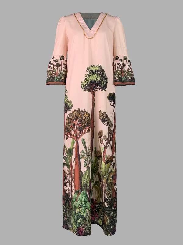 Flared Sleeves Loose Leaves Print V-Neck Maxi Dresses WHITE-XL